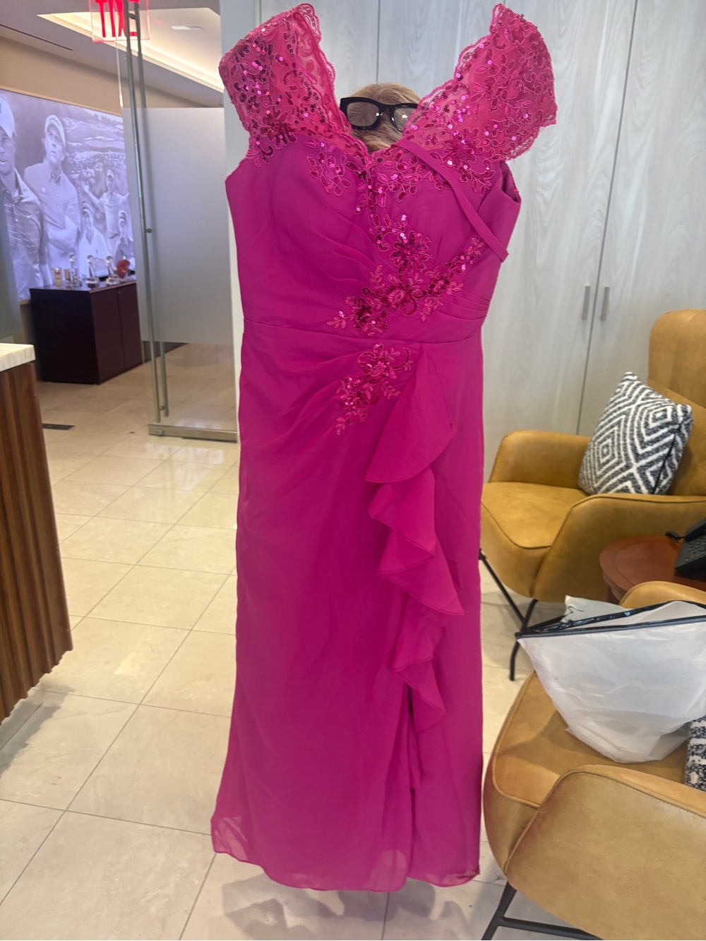 Fuchsia Embellished Maxi Dress with Ruffled Front